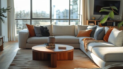 Fototapeta premium Stylish modern living room with comfortable corner couch and wooden coffee table