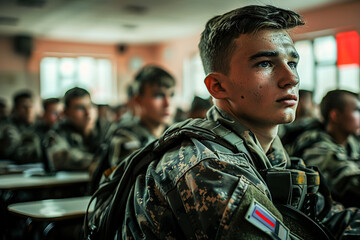 Soldiers in the classroom, university lecture on patriotism, student in uniform listening attentively, academic discourse