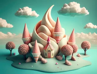 Keuken spatwand met foto Fairy Tale castle made of Ice Cream. Fairy Tale Ice Cream Land. Fabulous landscape made of ice cream sundae, waffle cones, cream, sweets and fudges. Cute illustration in cartoon 3d style © maxa0109