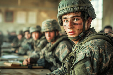 Soldiers in the classroom, training academy for future officers, disciplined study, preparing for leadership