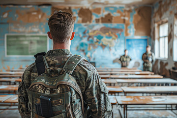 Soldiers in the classroom, university lecture on military technology, student exploring advancements, technological education