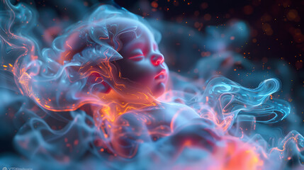 Cosmic womb with a neon fractal-illuminated baby, symbolizing new life's vibrant potential - Generative AI