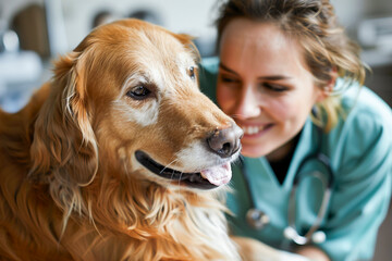 Dog at the veterinary clinic, receiving care from the nurse, medical assistance.