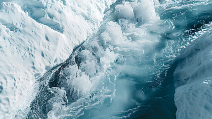 A stark image of a glacier melting rapidly with streams of water flowing into the ocean. - obrazy, fototapety, plakaty