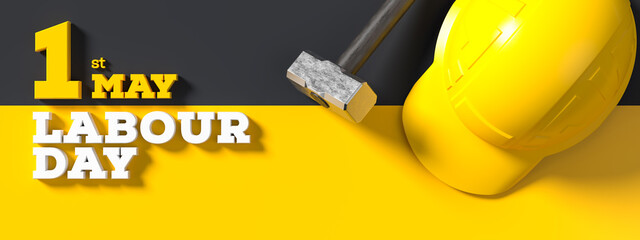Labour day background design with hammers isolated on yellow background. 1st May Labour day background. 3D illustration - 770658555