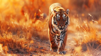 Great tiger male in the nature habitat. Tiger walk during the golden light time. Wildlife scene with danger animal. Hot summer in India. Dry area with beautiful indian tiger, Panthera tigris - obrazy, fototapety, plakaty