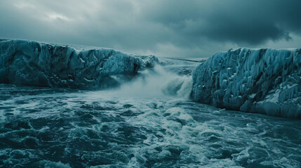 A stark image of a glacier melting rapidly with streams of water flowing into the ocean. - obrazy, fototapety, plakaty