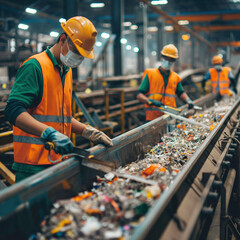 Workers sort recyclables on the conveyor of a modern waste and garbage recycling enterprise