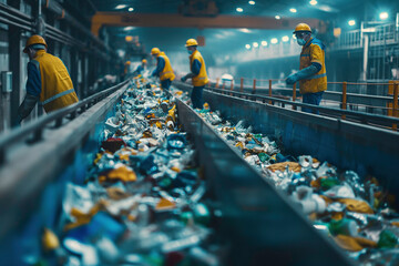 Modern waste recycling and sorting plant, sorting and processing garbage and plastic on a conveyor belt - obrazy, fototapety, plakaty