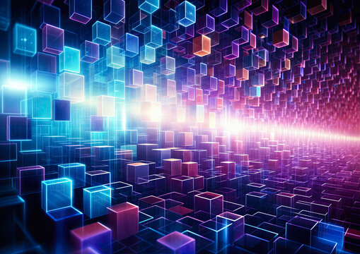 Abstract technology background with glowing cubes. 3d rendering toned image