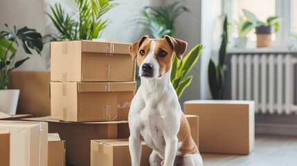 Change of residence, moving from one house to another, lots of boxes, flowers, sitting dog - obrazy, fototapety, plakaty