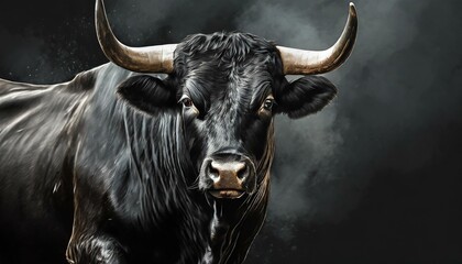 Portrait of black bull on black background with copy space. animal wildlife - obrazy, fototapety, plakaty