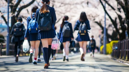 桜の下を歩いて学校へ向かう女子高生達 - obrazy, fototapety, plakaty