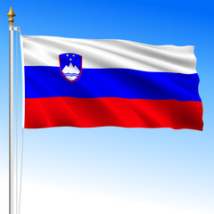 Slovenia official national waving flag and coat of arms, European Union, vector illustration