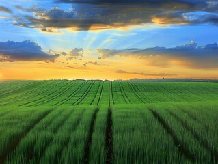 Obraz premium A field of grass with a beautiful sunset in the background