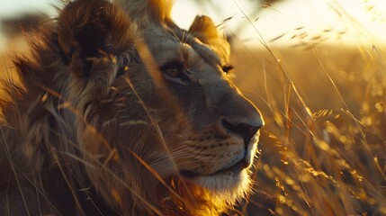 Majestic Lion in Golden Sunset Light Wild Animal Portrait
