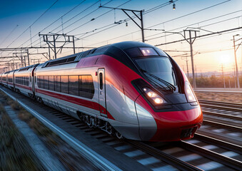 Fototapeta premium Modern high-speed train on the railroad. Motion blur effect.