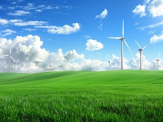 A field of green grass with wind turbines in the background