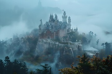 Fantasy Background A majestic castle, shrouded in mist, stands proudly atop a rugged mountain peak, its turrets reaching into the heavens.