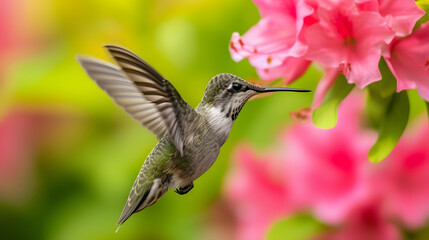 Naklejka premium Hummingbird Hovering Near Pink Flowers in Vibrant Garden