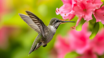 Hummingbird Hovering Near Pink Flowers in Vibrant Garden