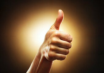 Female hand showing thumbs up sign on a dark background with copy space