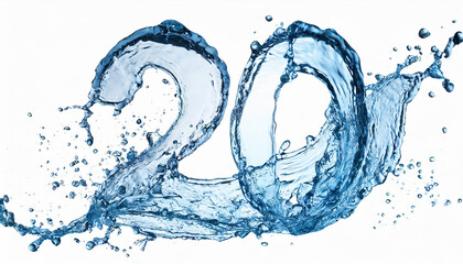 Number 20 made of water with splashes on white background. Blue liquid figure. 3D rendering.