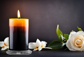 orangeblack burning candle and white flowers on black background for obituary notice, funeral announcement, necrology
