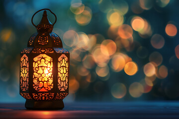 The ornate lanterns emit a warm glow against a backdrop of bokeh light, creating the atmosphere of ramadan and islamic celebrations. Generative ai