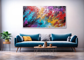 Modern interior design of living room with blue sofa, coffee table and poster