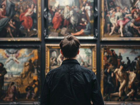 Back of an adult person looking at renaissance stzle paintings in an old museum art gallerz 