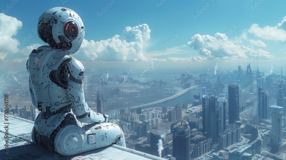 Poster robot sitting on top of a building