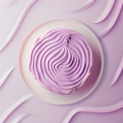 Flat lay of pink cake on pink wavy texture pink background. Minimal concept.