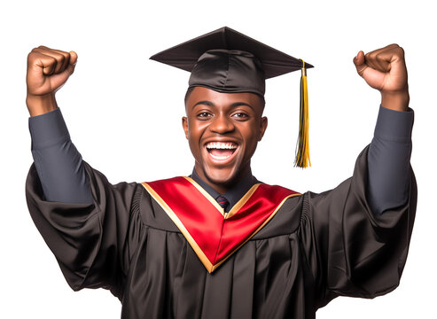 Happy African American Celebrating School Graduation Isolated on Transparent Background
