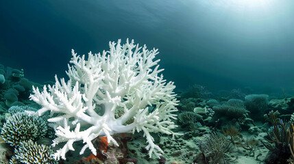 Naklejka na ściany i meble A vibrant coral reef bleached white underwater showing the impact of ocean warming.