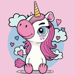Cute happy unicorn cartoon character vector drawing with hearts and clouds