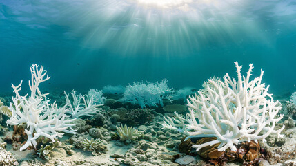 A vibrant coral reef bleached white underwater showing the impact of ocean warming. - obrazy, fototapety, plakaty