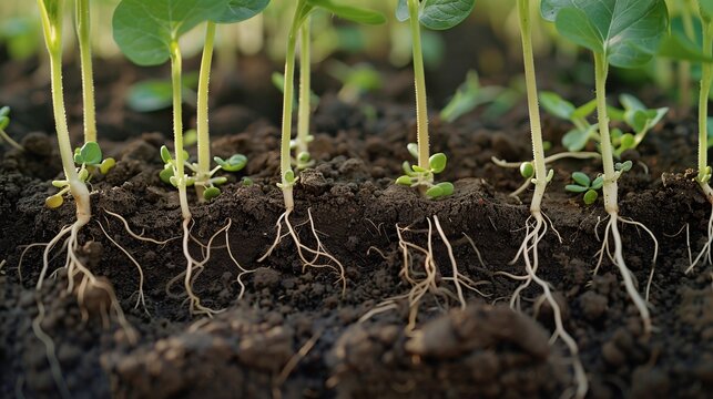 The intricate dance of germination  Fresh soy sprouts emerging from the soil, a testament to nature's resilience and growth