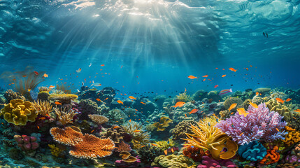 Fototapeta na wymiar A vibrant coral reef teeming with diverse marine life visible through crystal clear ocean waters.