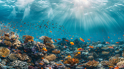 A vibrant coral reef teeming with diverse marine life visible through crystal clear ocean waters. - obrazy, fototapety, plakaty