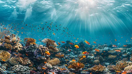 Fotobehang A vibrant coral reef teeming with diverse marine life visible through crystal clear ocean waters. © Thomas