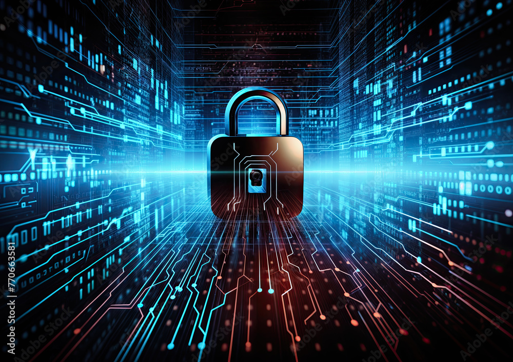 Poster cyber security concept with padlock and binary code on blue background