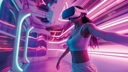 Mulher usando um óculos de realidade virtual em um lugar futurista 