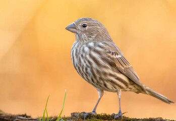 Closeup of a house finch perched on the ground with a blurry background