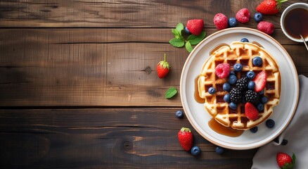 Delicious waffle with syrup and berries sprinkled with powdered sugar.