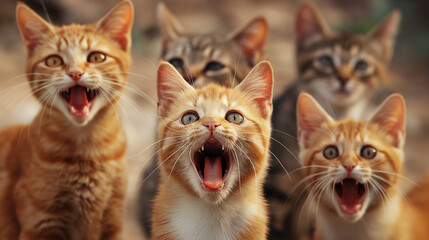 Grupo de gatos engraçados com expressão de impressionados  - obrazy, fototapety, plakaty