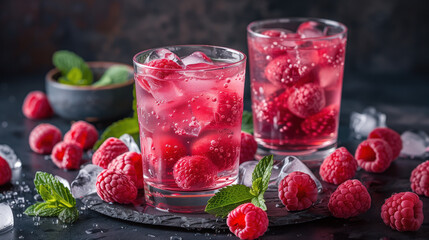 two glass glasses with a drink and ice, decorated with raspberries and mint on a dark stone background