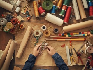 A person is working on a craft project with various colored strings and ribbons. Concept of creativity and focus as the person carefully selects and arranges the materials. The presence of scissors
