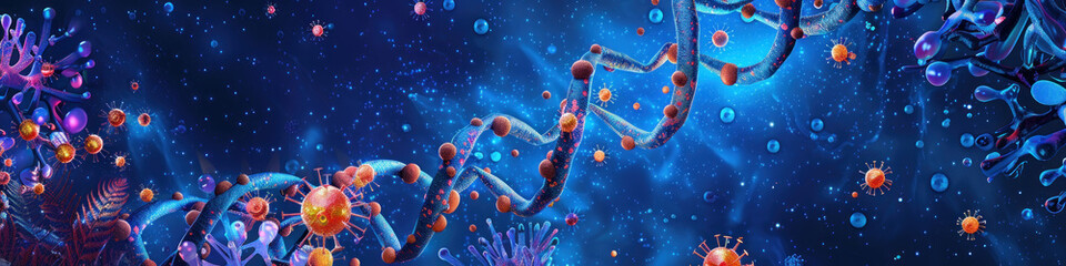 An artistic depiction of DNA strands surrounded by colorful viruses and microscopic elements - obrazy, fototapety, plakaty