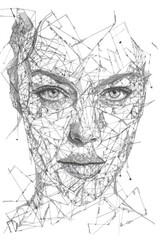A detailed drawing depicting a womans face with intricate lines marking features. The lines add depth and dimension to the facial structure